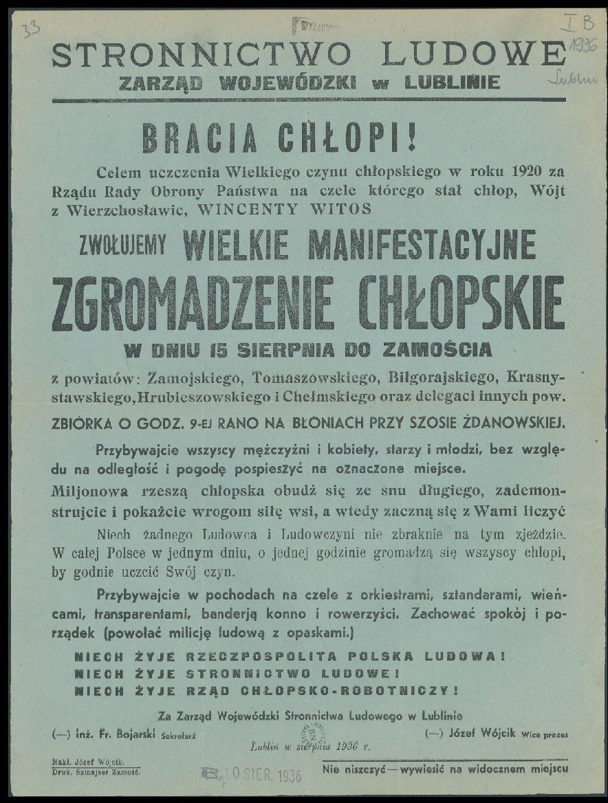 Bracia Chłopi! [Inc.:] Celem uczczenia Wielkiego czynu chłopskiego w roku 1920 za Rządu Rady Obrony Państwa na czele którego stał chłop, Wójt w Wierzchosławic, Wincenty Witos zwołujemy wielkie manifestacyjne zgromadzenie chłopskie w dniu 15 sierpnia do Zamościa [...] : Lublin w sierpniu 1936 r./ domena publiczna