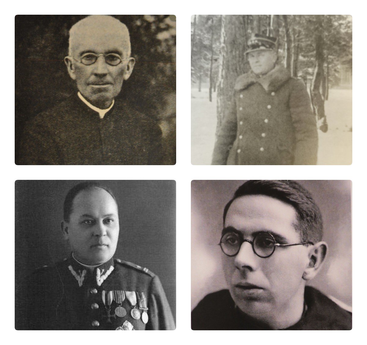 1. ks Franciszek Gołba 2. ks. kpt. Andrzej Niwa  ( kapelan wojskowy)/ fot wikipedia  3. ks. ppłk ( pośmiertnie)  Jan Leon Ziółkowski ( kapelan wojskowy ) /fot. wikipedia 4. o. Hilary Januszewski /fot. obrazek z wizerunkiem duchownego dostępny w kościele na Piasku) 