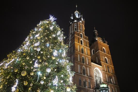 Trzy, dwa, jeden i... jest! Choinka na Rynku Głównym w Krakowie świeci już pełnym blaskiem