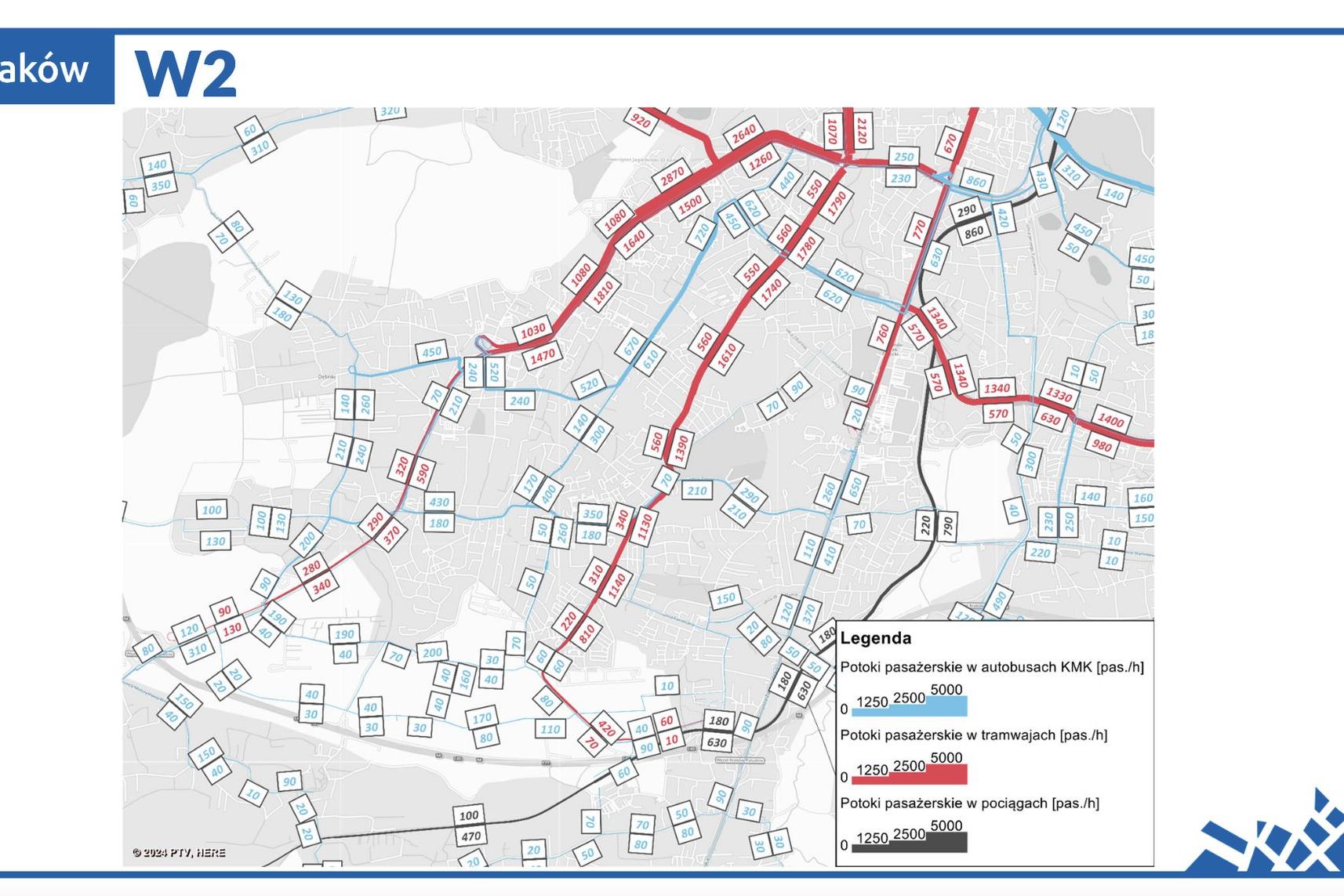 Czerwoną linią zaznaczono potoki pasażerów w tramwajach na 2050 rok - wariant przez 8. Pułku Ułanów.